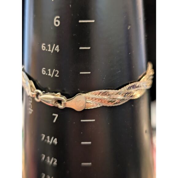 925 Italy Sterling Silver Braided Diamond Cut Herringbone Bracelet - Picture 5 of 7